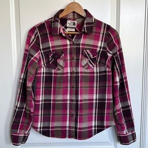 The North Face Flannel Shirt sz Small Women’s Plaid Pink Purple Brown Outdoor